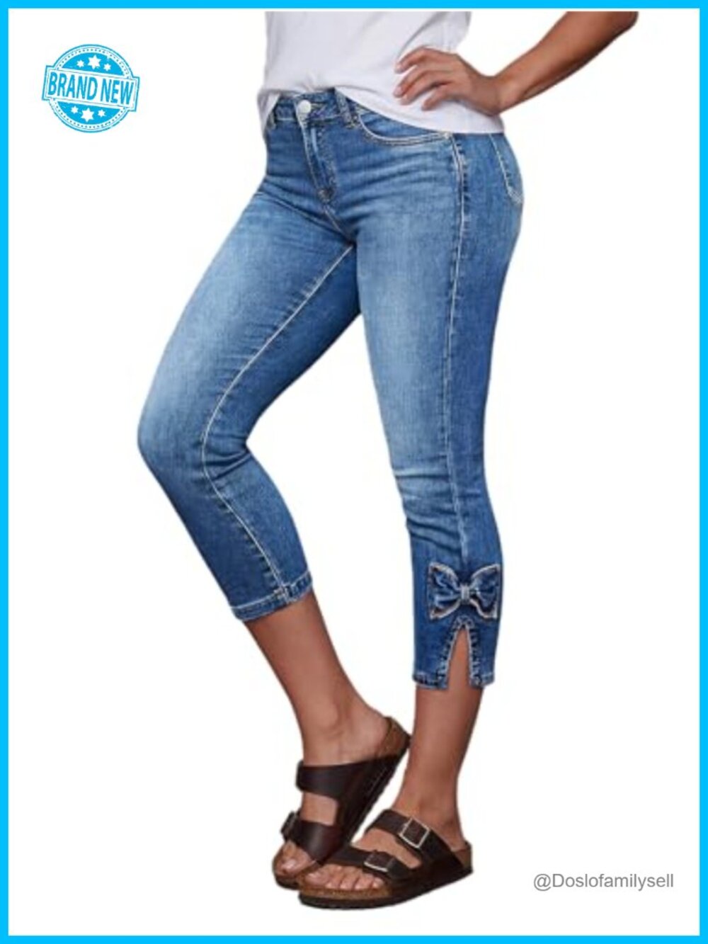 Mid Rise Skinny Leg Bow Decor Split Side Stretchy Denim Capris